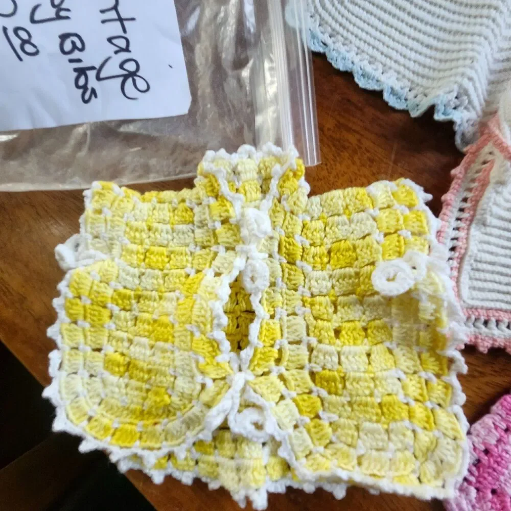 Vintage Handmade Crocheted Baby Bibs Lot of 6 Pastel Pink Blue Yellow White